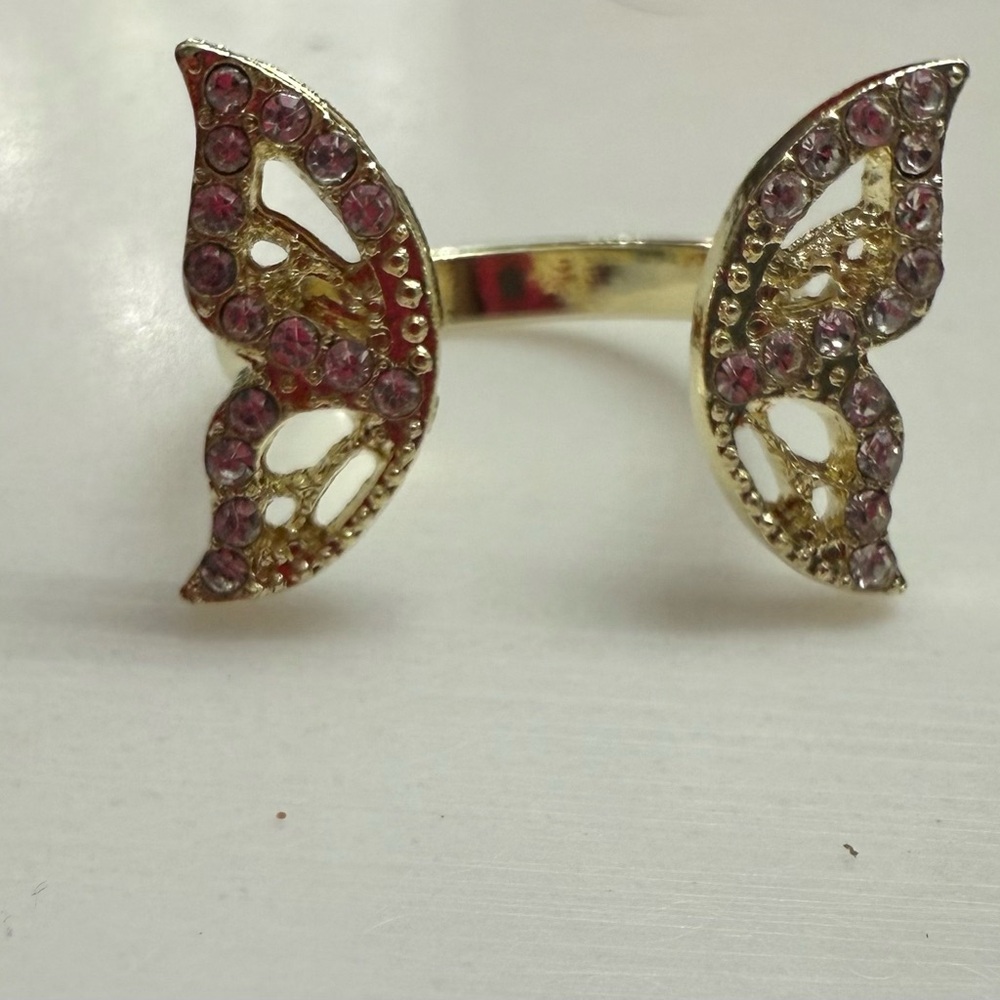 Gold Butterfly Ring with Pink Accents